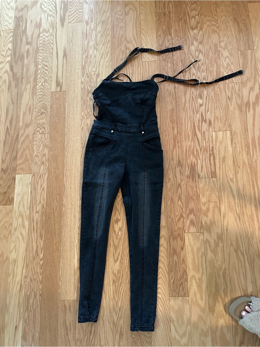 Manière De Voir Black Denim Lace-Up Jumpsuit Stretch Bodycon Size UK 10 (US 6) - Picture 4 of 4